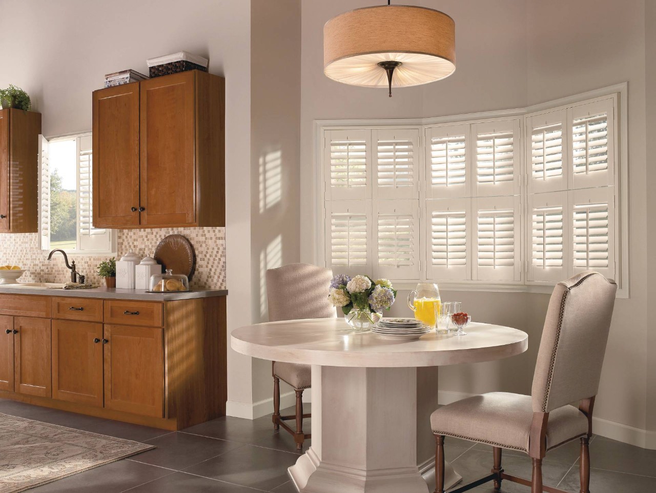 Hunter Douglas shutters in a traditional kitchen near Marriottsville, MD, during the day