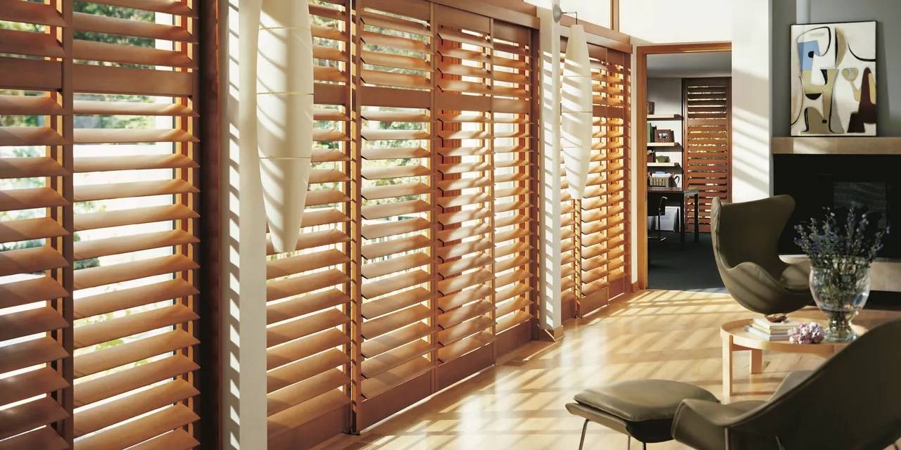 Heritance® Wood Shutters in a living room near Marriottsville, MD