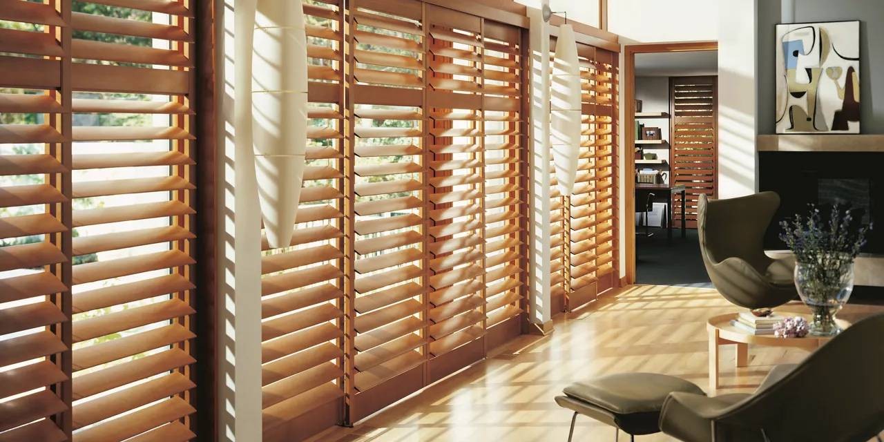 Heritance® Wood Shutters in a living room near Marriottsville, MD