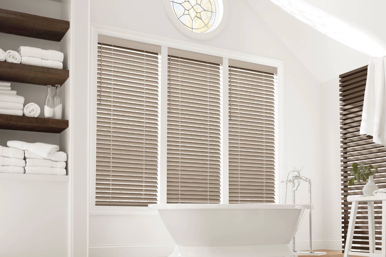 Hunter Douglas faux wood blinds in a bathroom near Marriottsville, MD