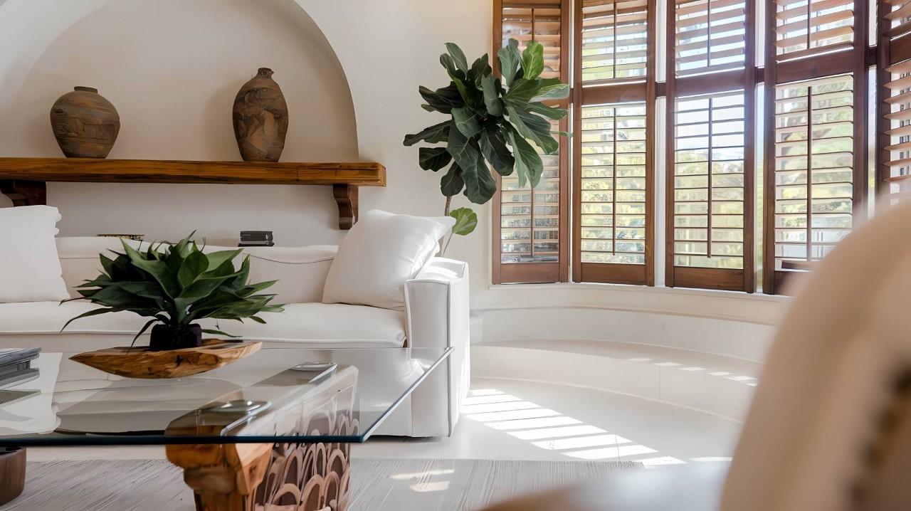 White living room featuring wood shutters near Marriottsville, MD
