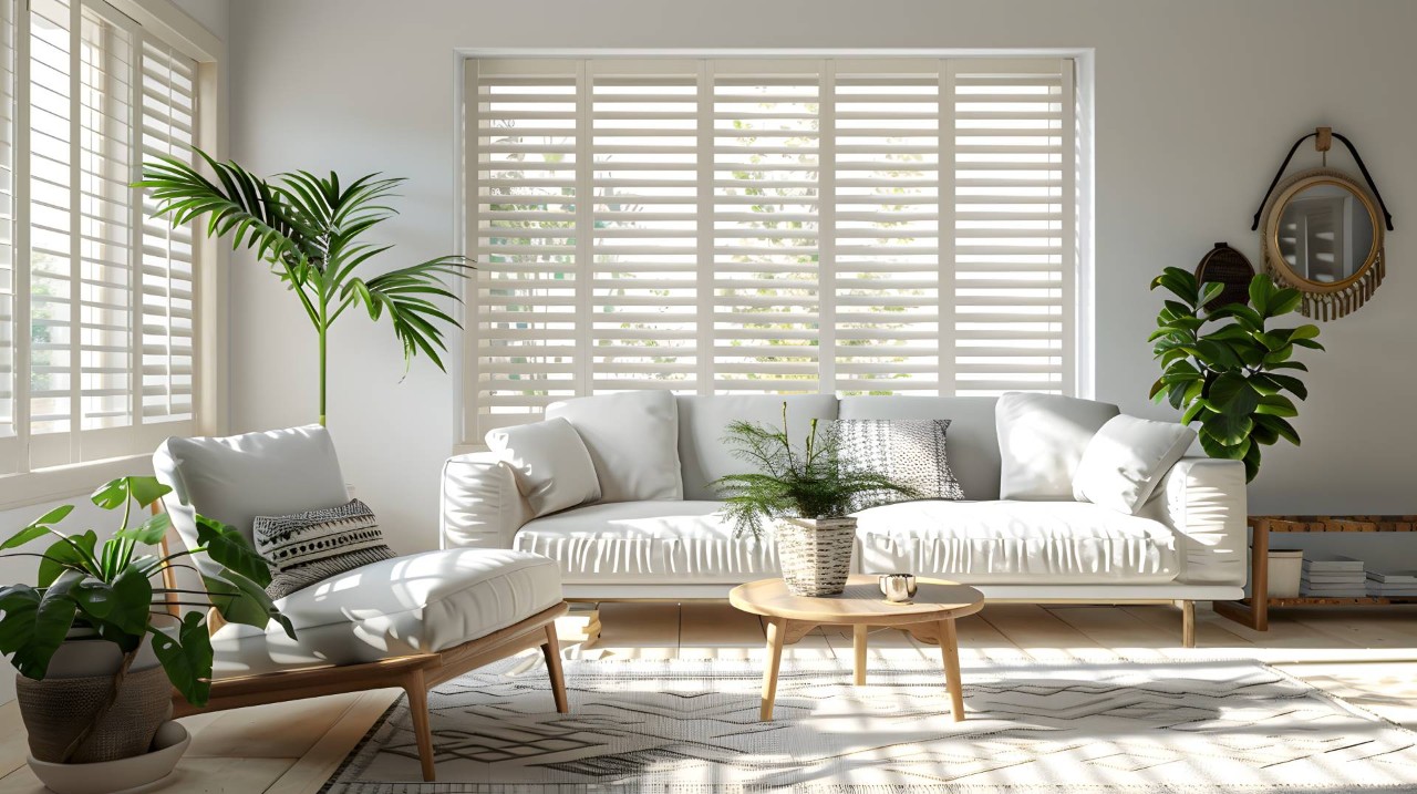  White shutters in a modern living room at Windo VanGo near Marriottsville, MD